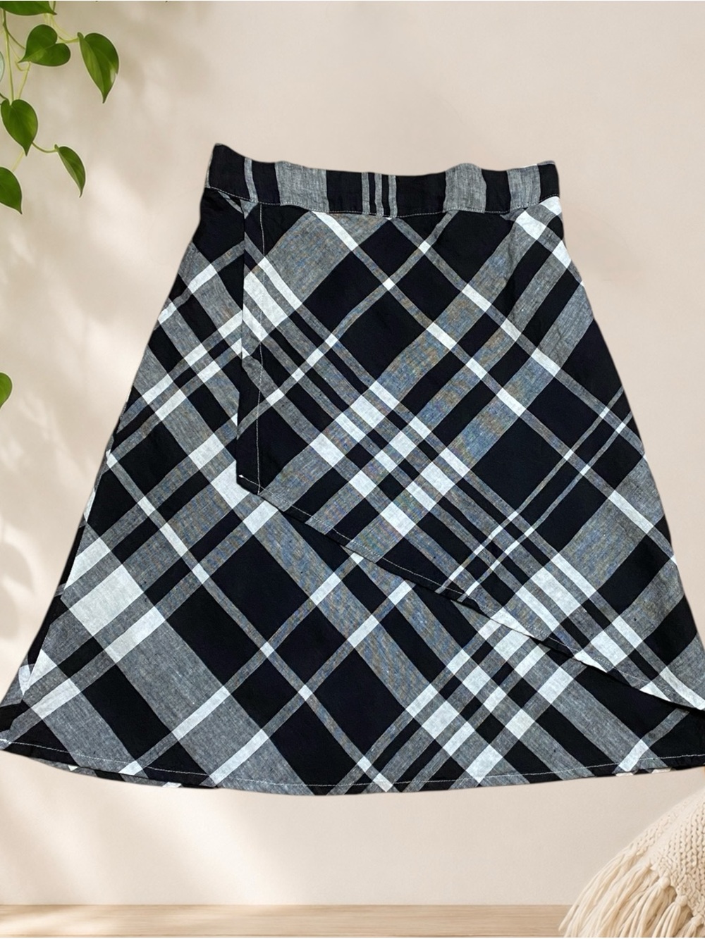 Flax 100% Linen Black & White Plaid A-Line Skirt